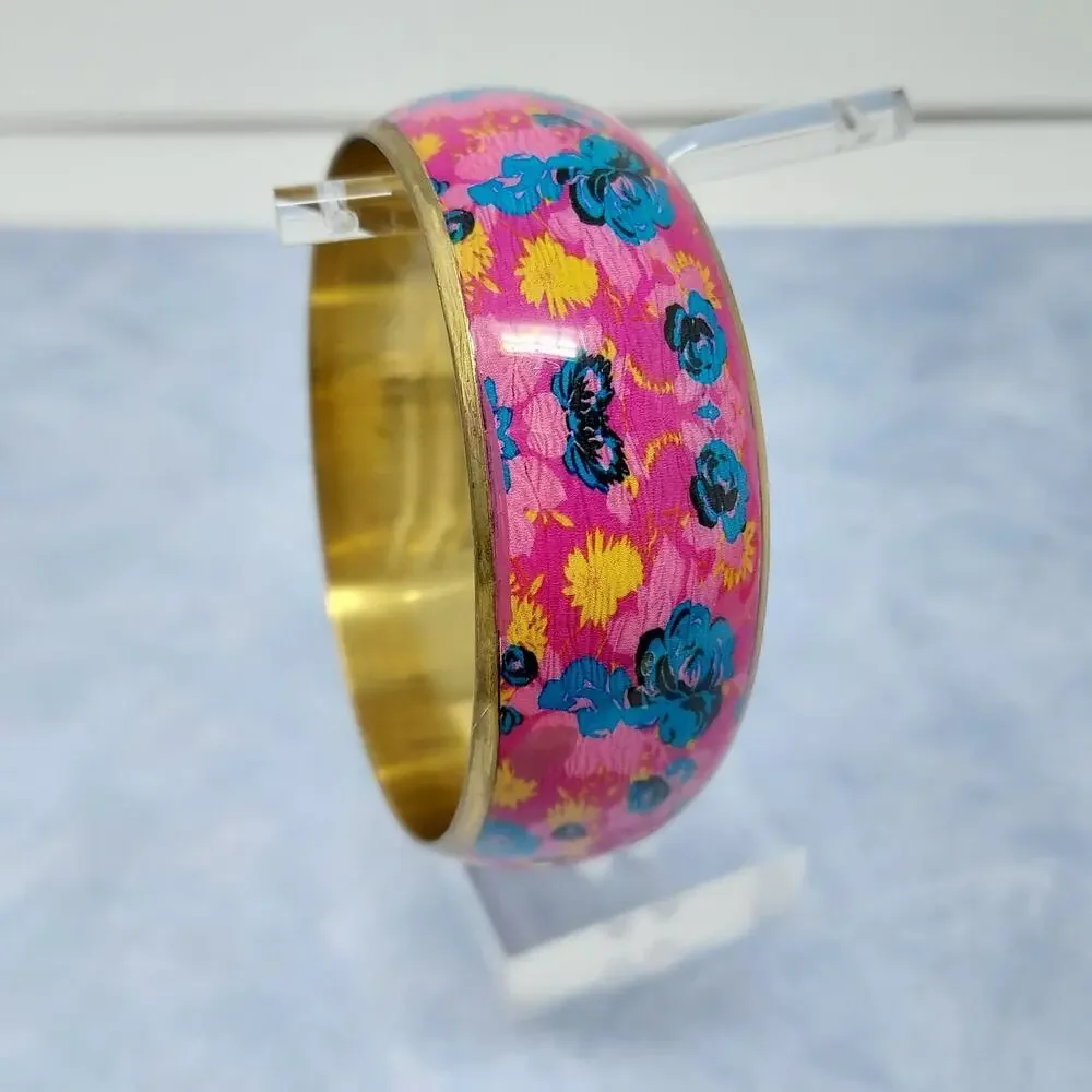 Hot Pink Enamel Bangle Bracelets Set of 2 Stripe and Floral 8
